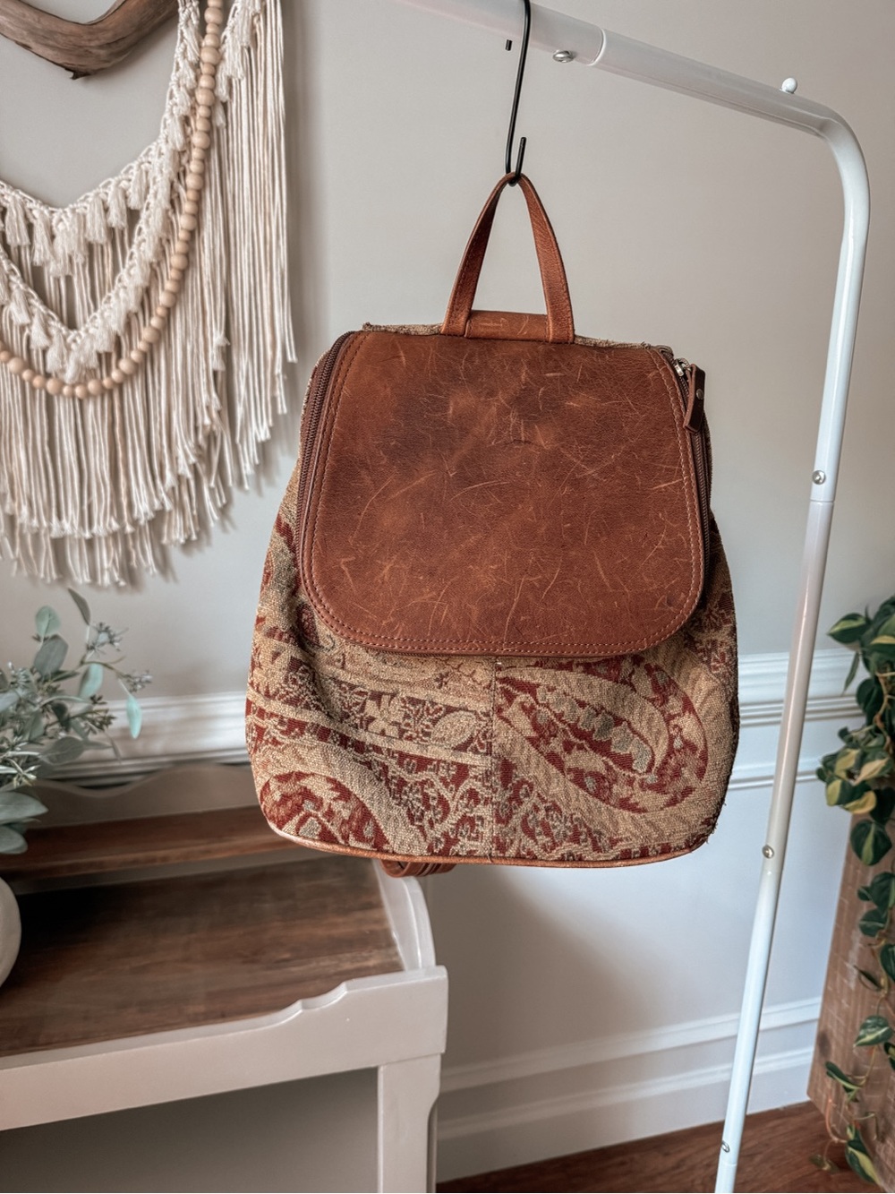 Vintage Tapestry and Leather Backpack